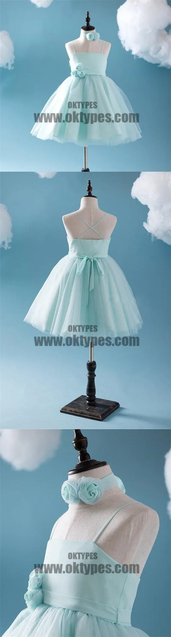 Cute Tiffany Blue Spaghetti Tulle Satin Flower Girl Dresses, Cheap Popular Little Girl Dresses, TYP0625