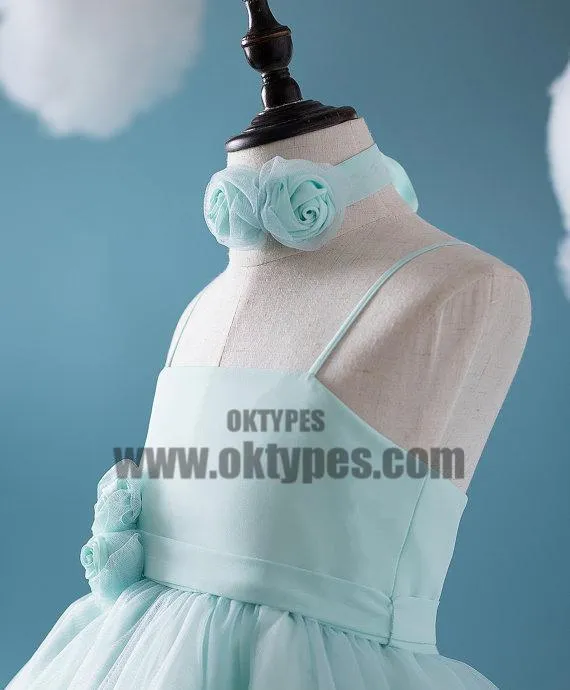 Cute Tiffany Blue Spaghetti Tulle Satin Flower Girl Dresses, Cheap Popular Little Girl Dresses, TYP0625