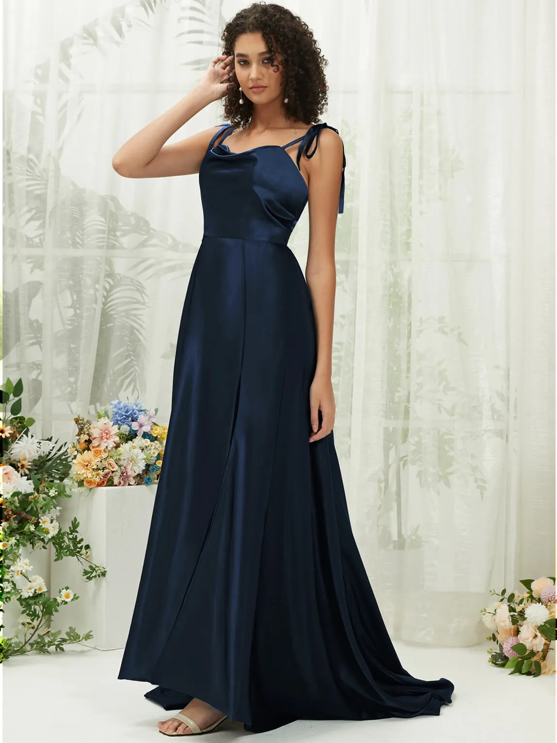 Dark Navy Satin Sweetheart Adjustable Straps Formal Gown With Pocket