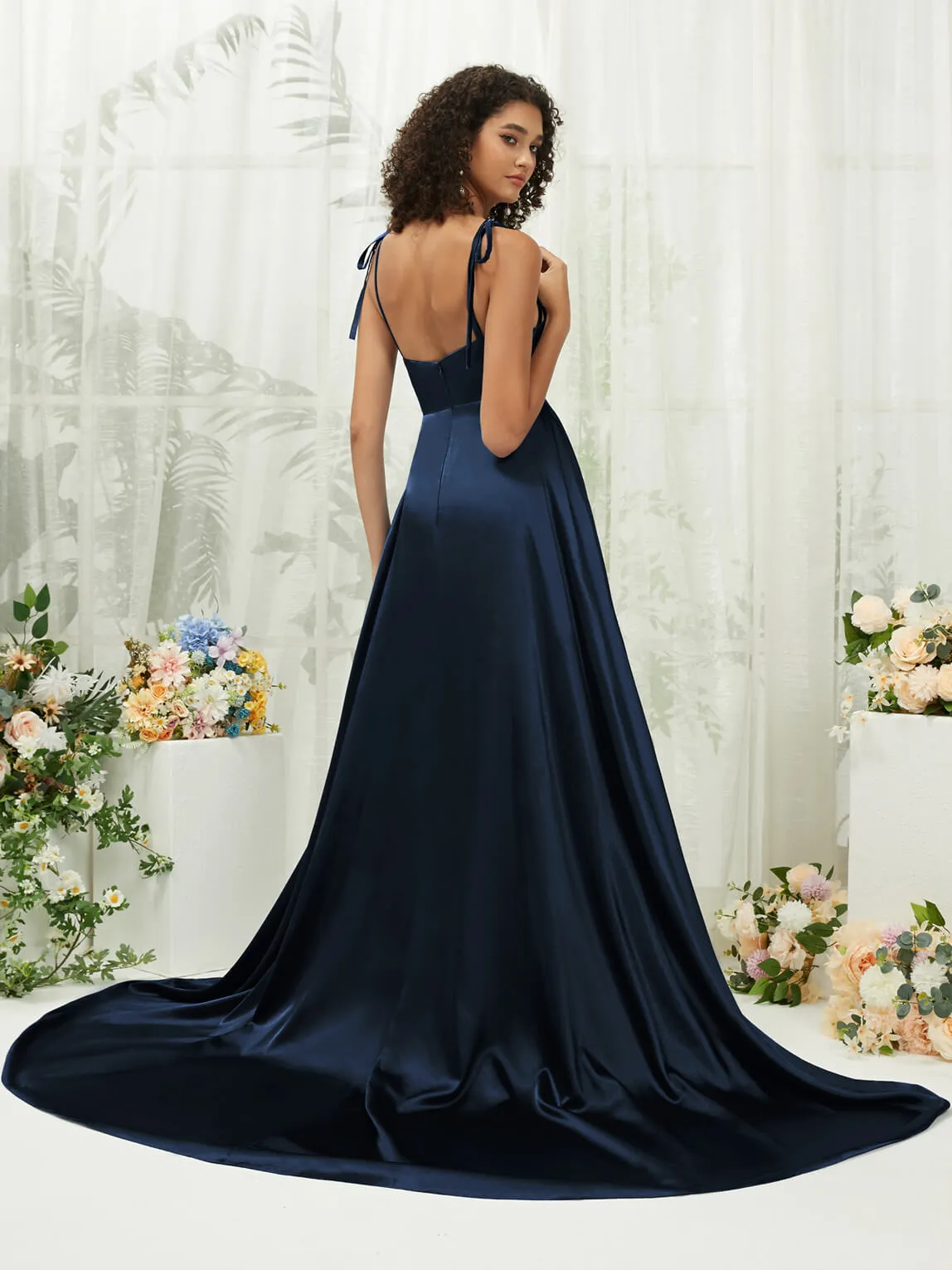 Dark Navy Satin Sweetheart Adjustable Straps Formal Gown With Pocket