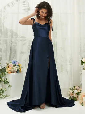 Dark Navy Satin Sweetheart Adjustable Straps Formal Gown With Pocket