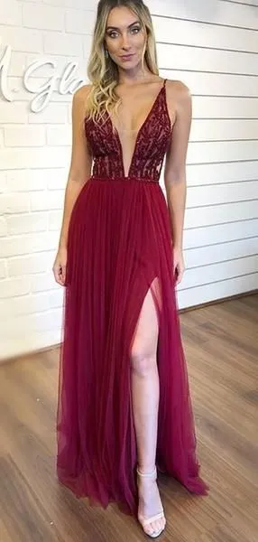 Deep V-neck Beaded Tulle Side Slit Long Prom Dresses