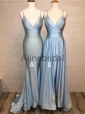 Dusty Blue Mismatched Spaghetti Strap Mermaid Bridesmaid Dresses, AB4052