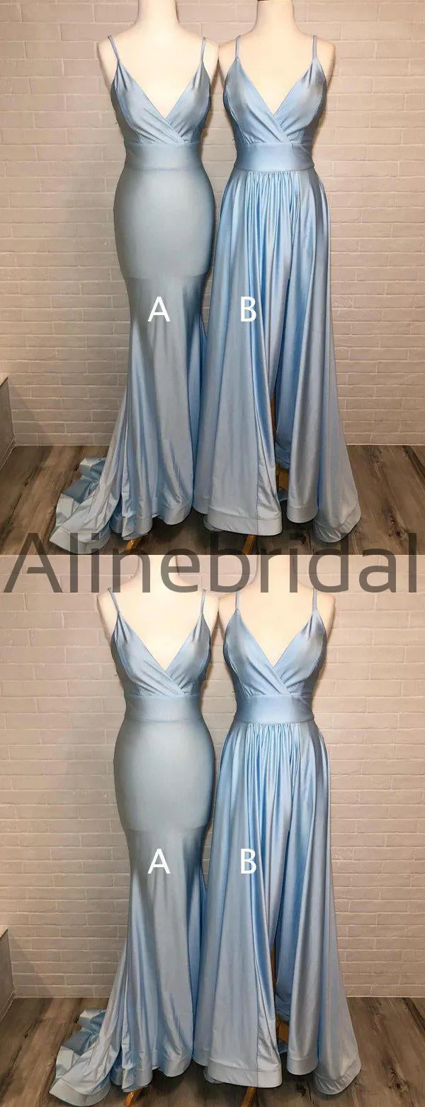 Dusty Blue Mismatched Spaghetti Strap Mermaid Bridesmaid Dresses, AB4052