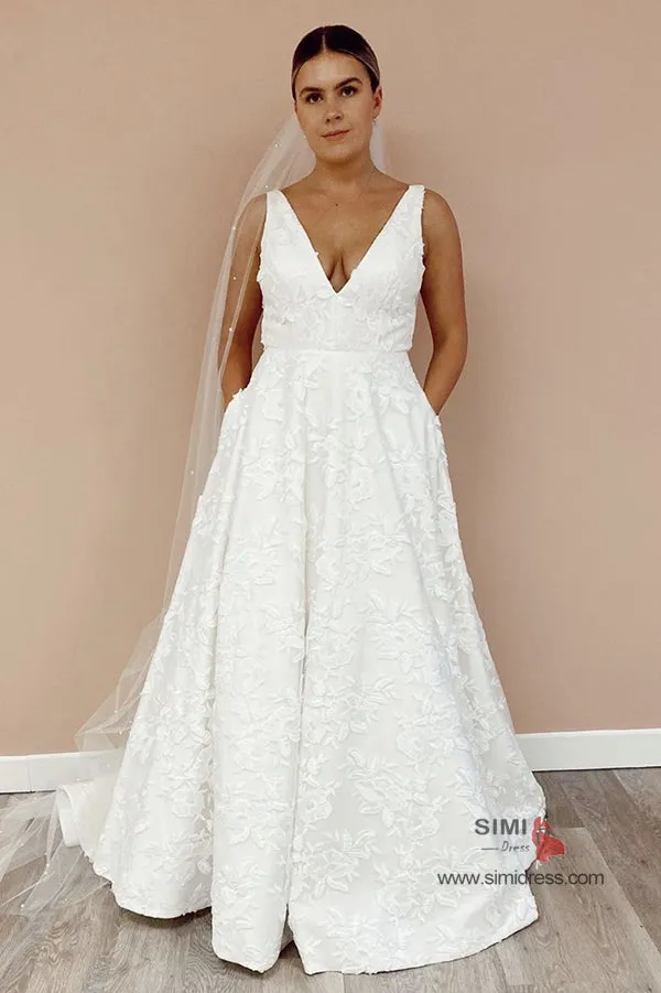 Floral Lace Ivory A-line V-neck Appliqued Wedding Dresses with Train, SW358