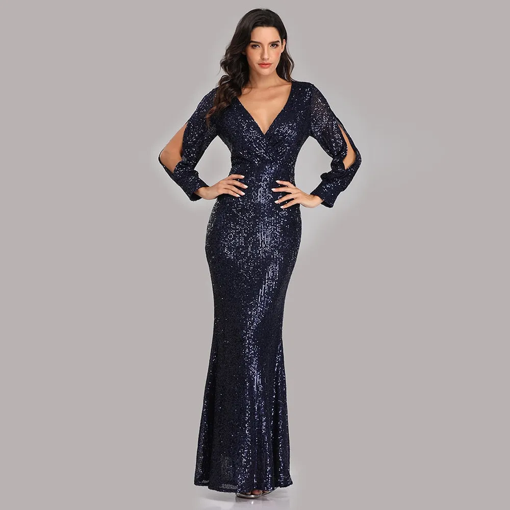 Formal Prom Party Gown Modern Full Sequins long Sleeve dress