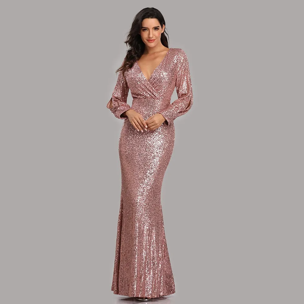 Formal Prom Party Gown Modern Full Sequins long Sleeve dress