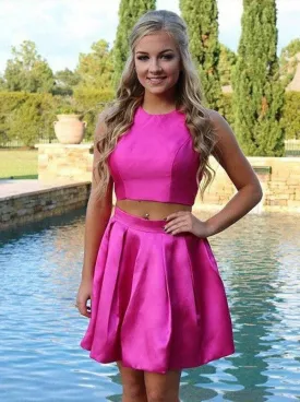 Fuchsia Two Piece Round Neck Satin Women's Cross Back Dress OC112