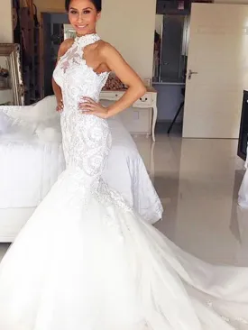 Halter Trumpet/Mermaid Tulle Sleeveless Wedding Dress For Sale OW247