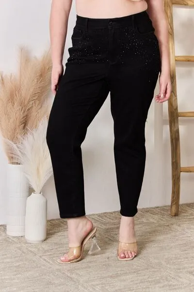 Judy Blue Rhinestone Embellishment Slim Jeans in Black