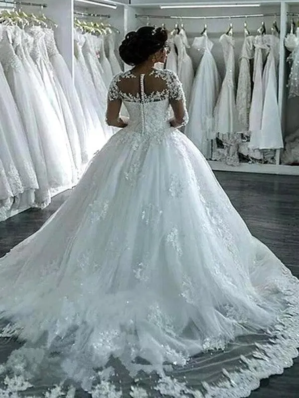 Long Sleeves Applique Sheer Scoop Tulle Ball Gown Wedding Dress OW291