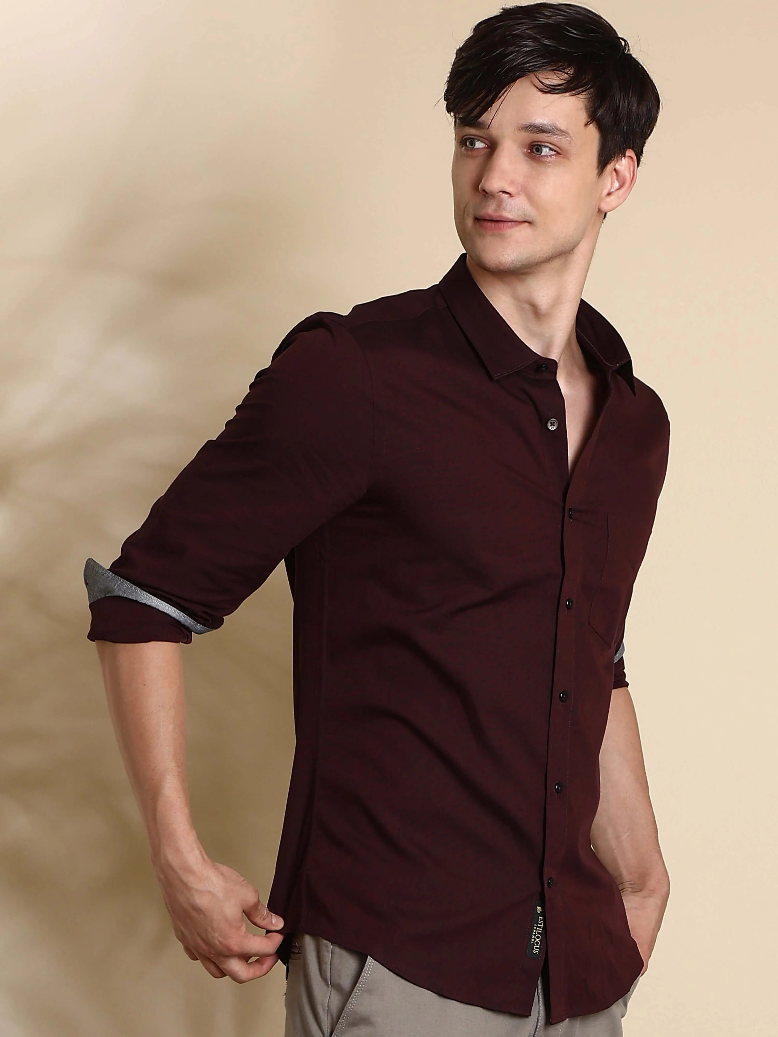 Maroon Solid Casual Full Sleeves Shirt