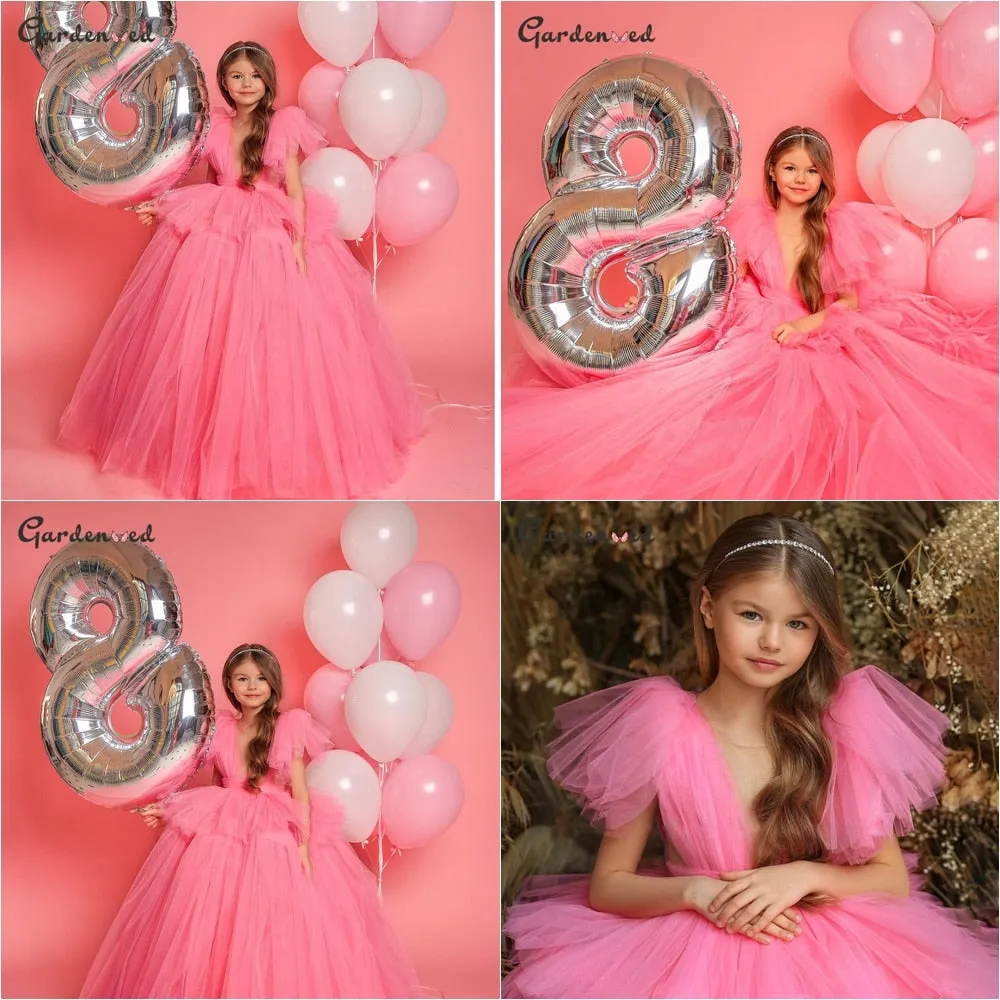 Pink Tulle Layers Puff Sleeves Bow Knot Flower Girl Dresses