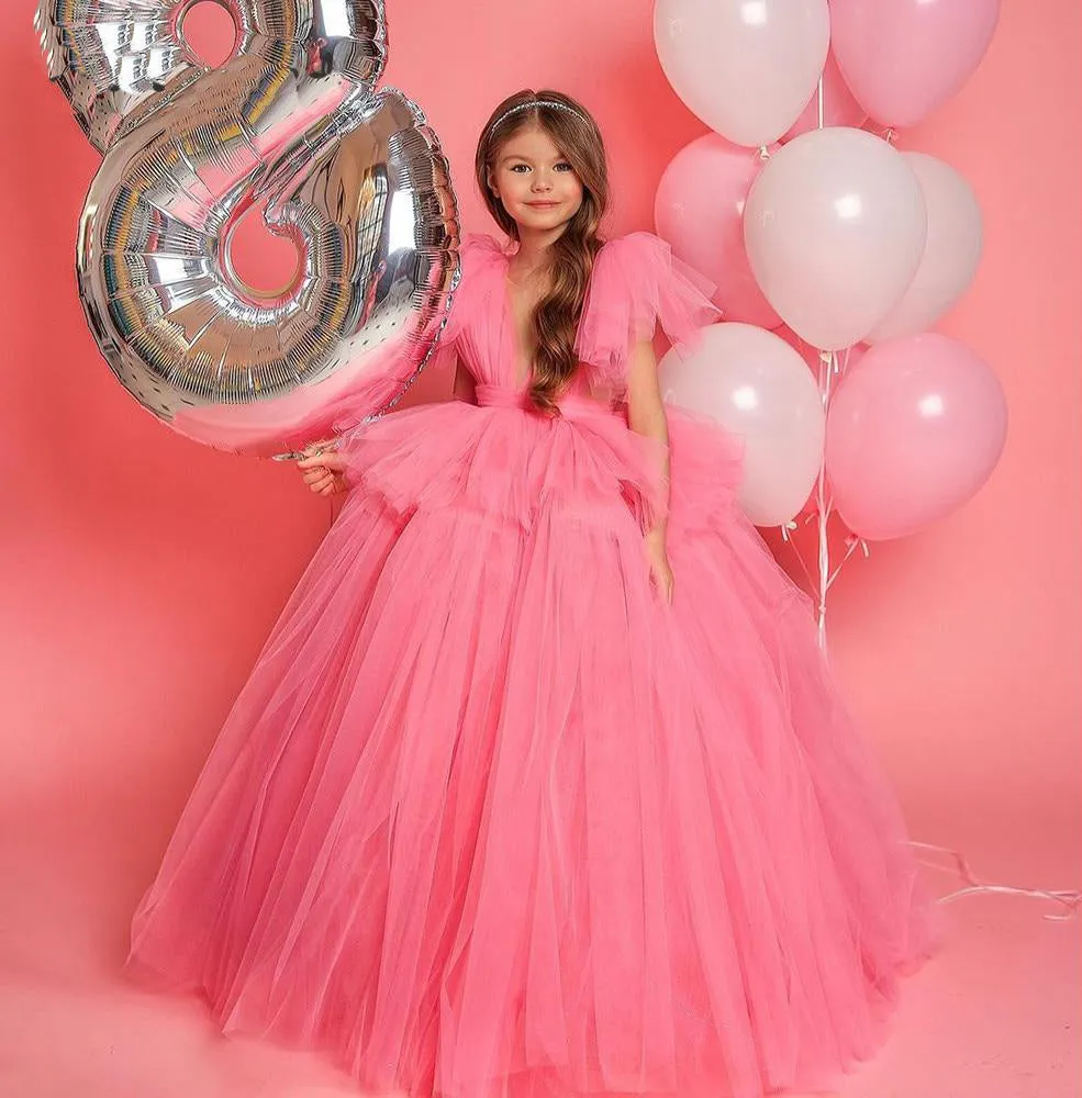 Pink Tulle Layers Puff Sleeves Bow Knot Flower Girl Dresses