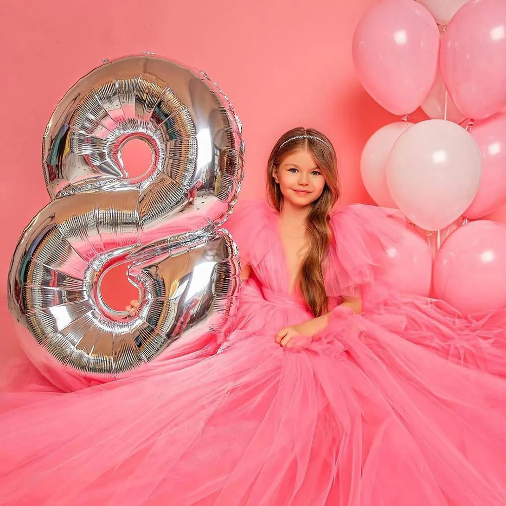 Pink Tulle Layers Puff Sleeves Bow Knot Flower Girl Dresses