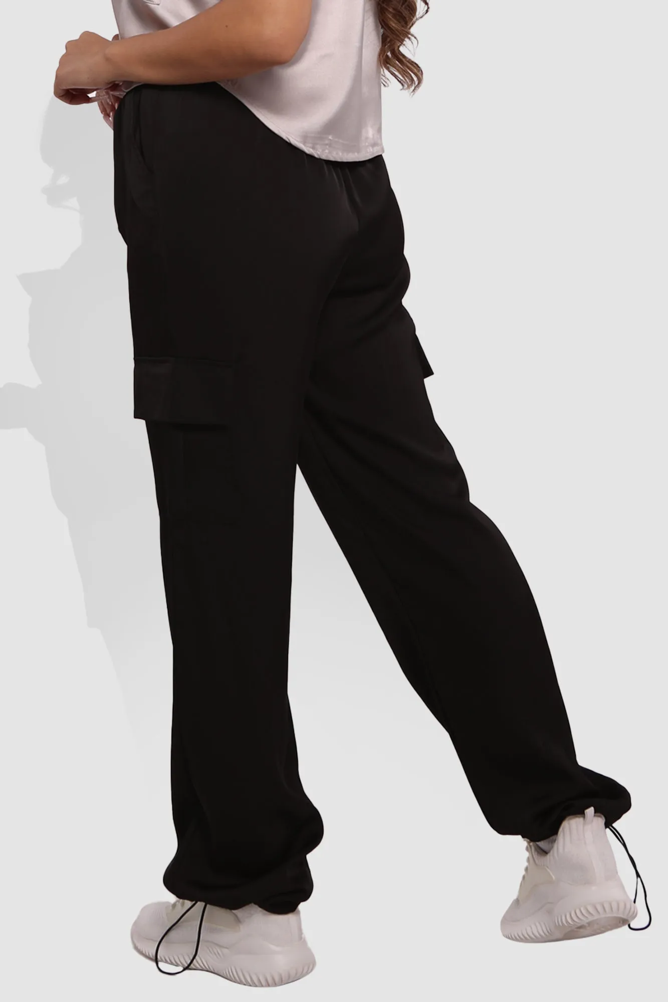 Soft Satin Bungee Cargo Sweatpants - Black