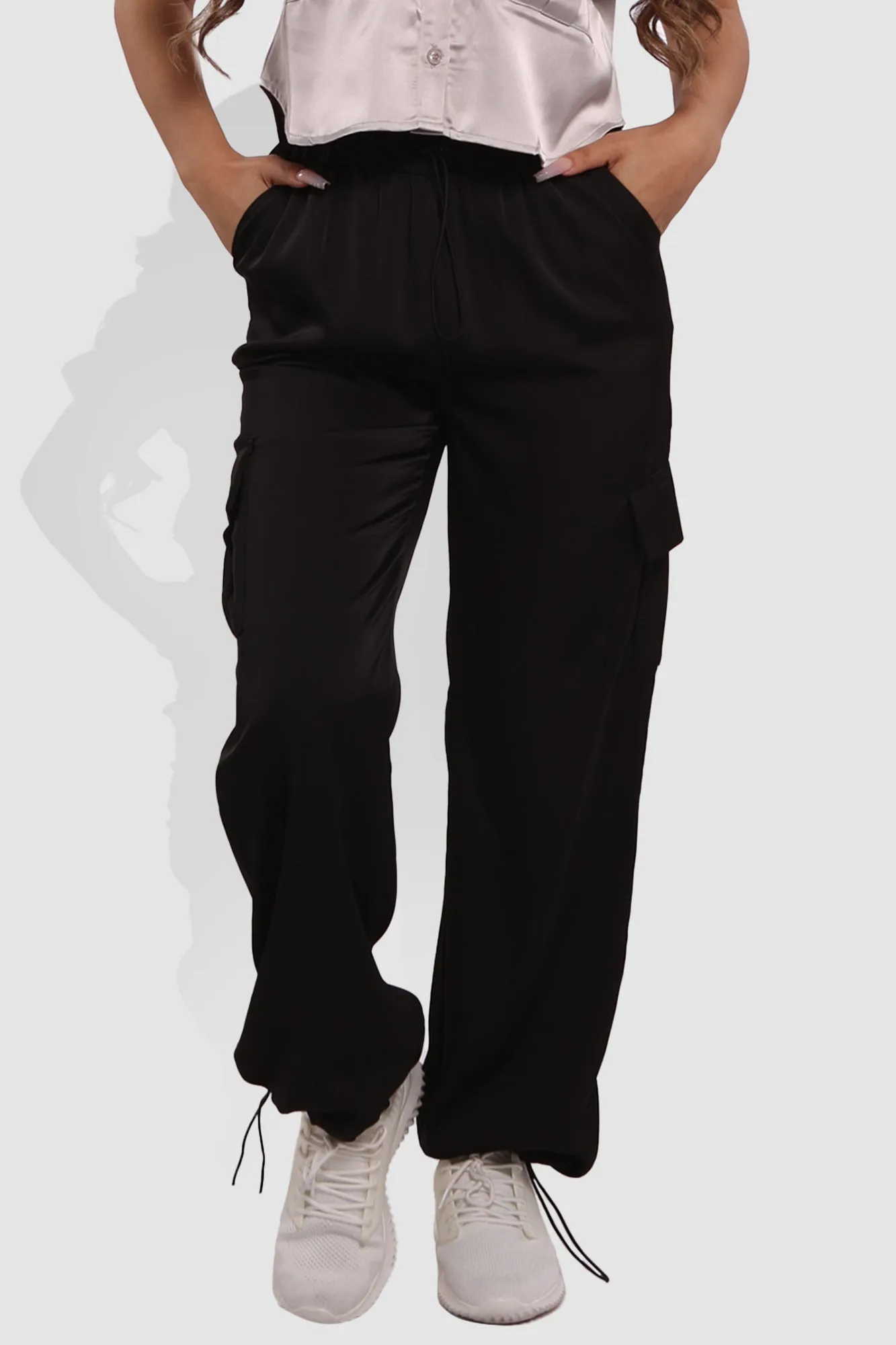 Soft Satin Bungee Cargo Sweatpants - Black