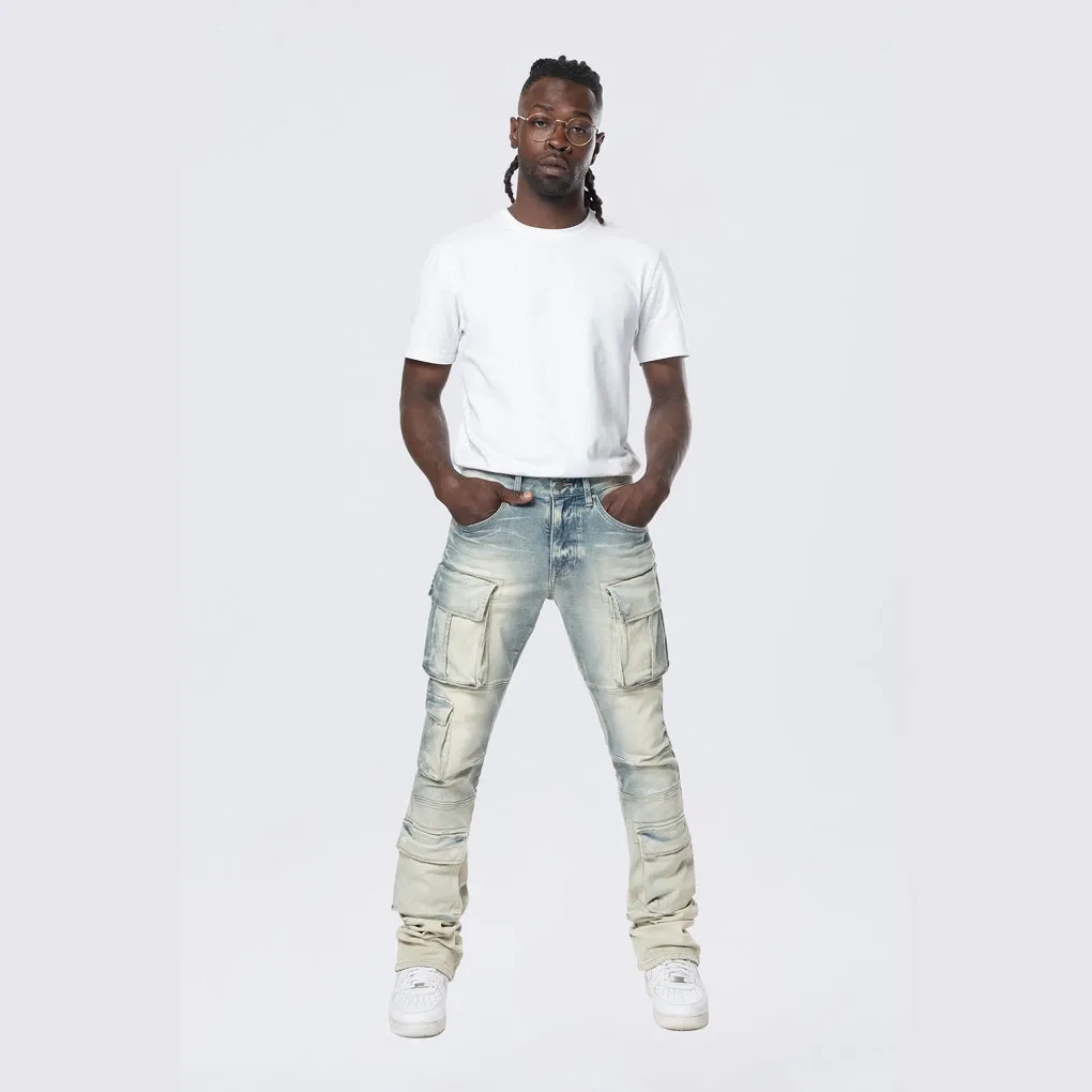 Stacked Utility Multi Pocket Cargo Jeans - Ombre Blue