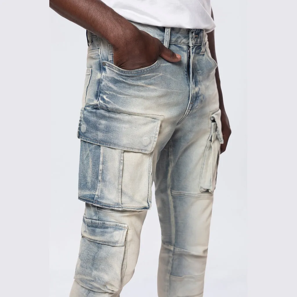 Stacked Utility Multi Pocket Cargo Jeans - Ombre Blue