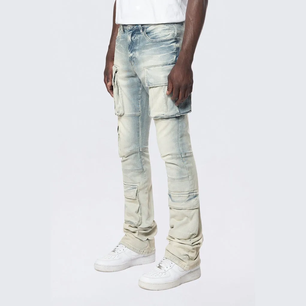 Stacked Utility Multi Pocket Cargo Jeans - Ombre Blue