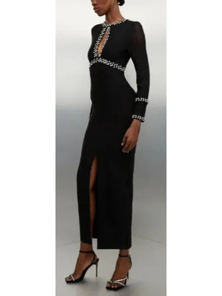 Women’s Black Fitted Crystal Embellished Long Evening Dress with Keyhole