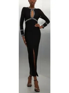 Women’s Black Fitted Crystal Embellished Long Evening Dress with Keyhole