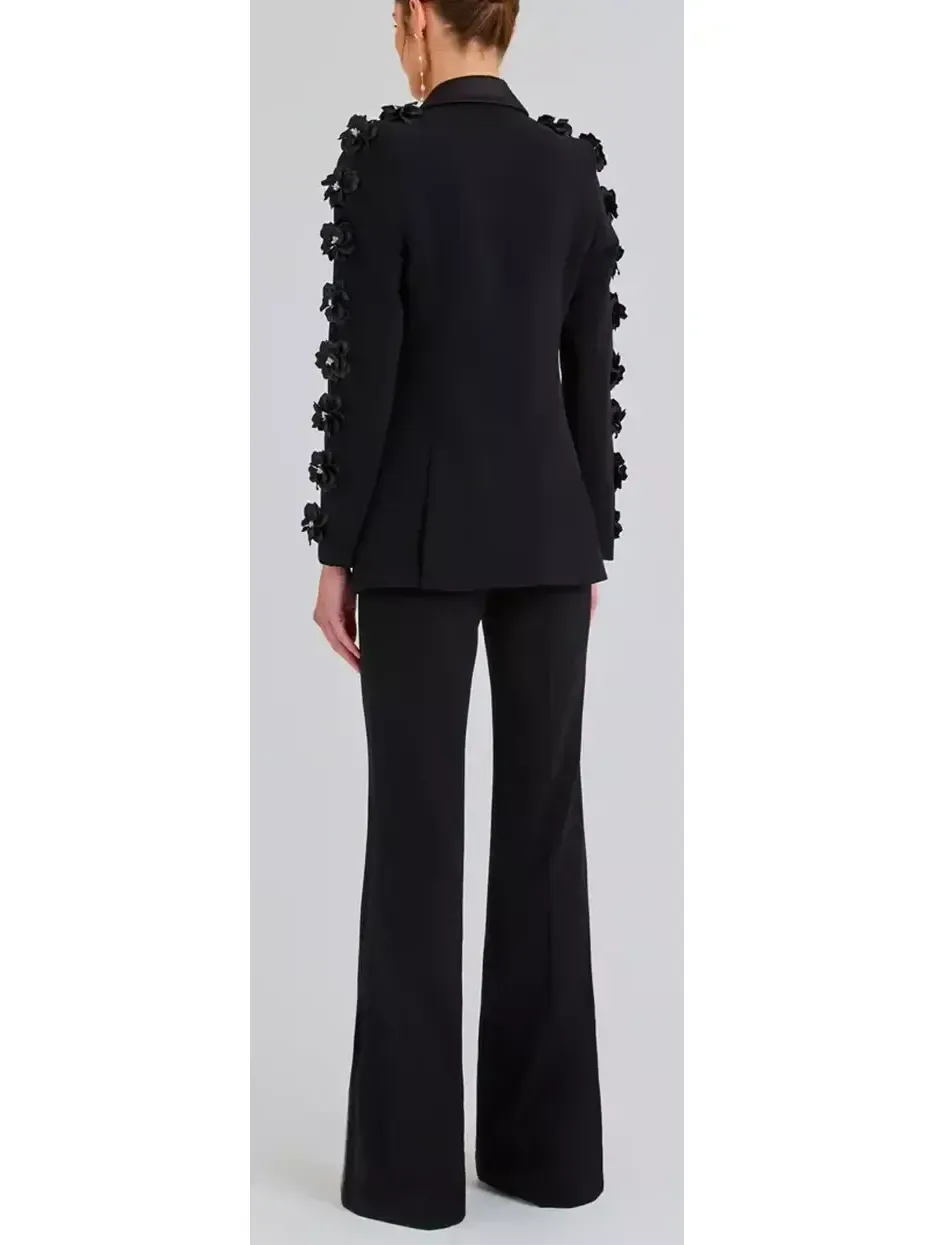 Women’s Black Floral-Applique Embellished Single-Breasted Blazer and High-Waist Pant Suit