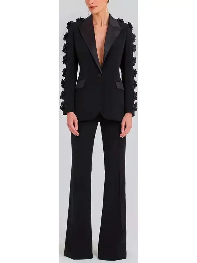 Women’s Black Floral-Applique Embellished Single-Breasted Blazer and High-Waist Pant Suit