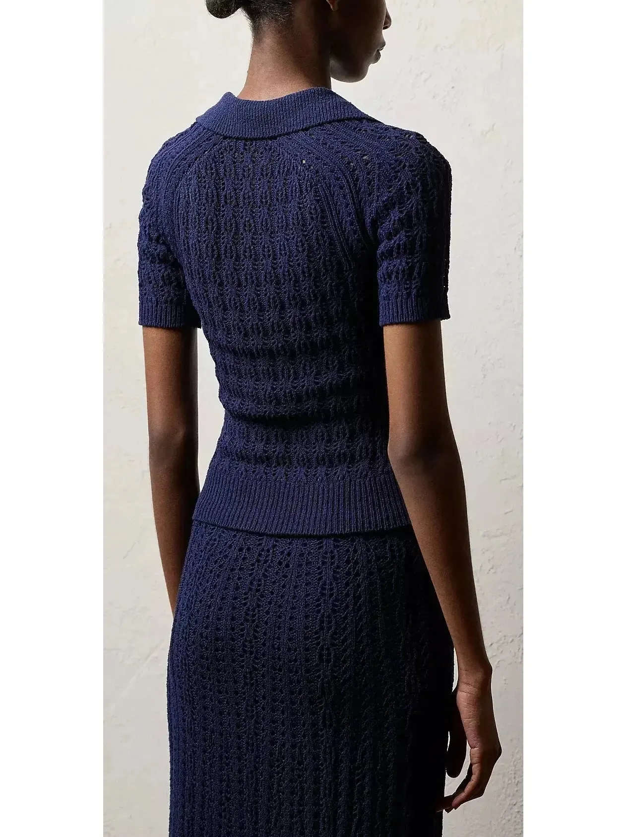 Women’s Boucle Short-Sleeve Polo Jumper and Skirt Set, Navy Blue