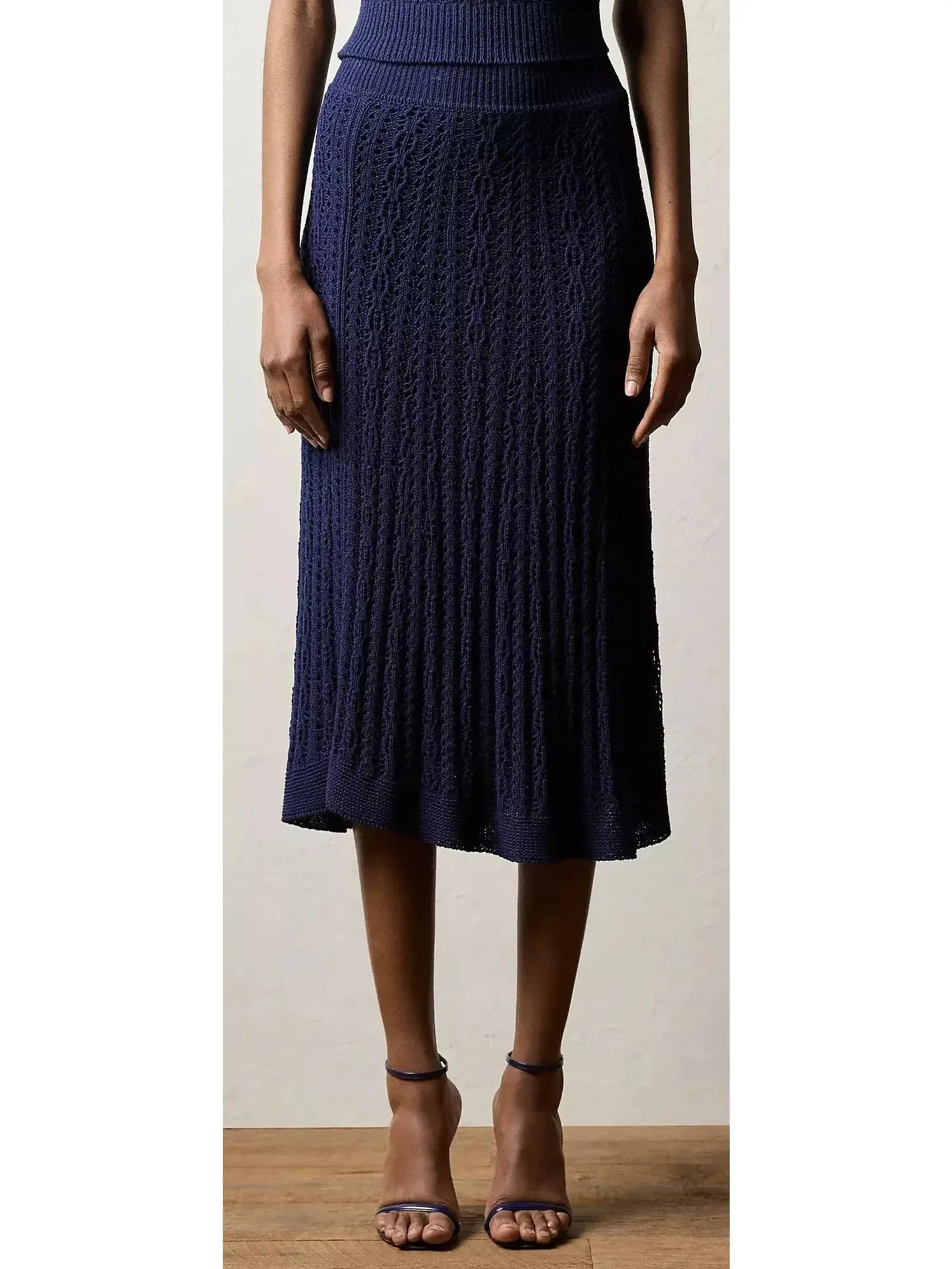 Women’s Boucle Short-Sleeve Polo Jumper and Skirt Set, Navy Blue