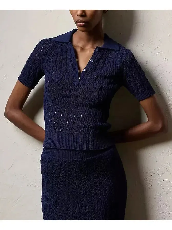 Women’s Boucle Short-Sleeve Polo Jumper and Skirt Set, Navy Blue